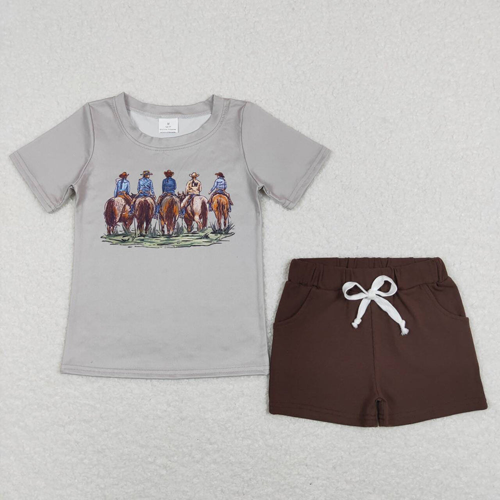 Baby Boys Western Cowboys Tee Shirts Brown Shorts Summer Clothes Sets