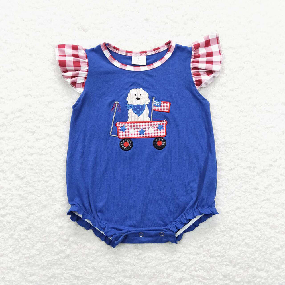 Baby Infant Girls July 4th Flag Dog Flutter Sleeve Rompers