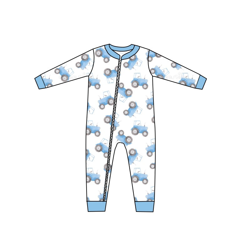 Baby Infant Boys Blue Tractor Long Sleeve Zip Rompers preorder(moq 5)