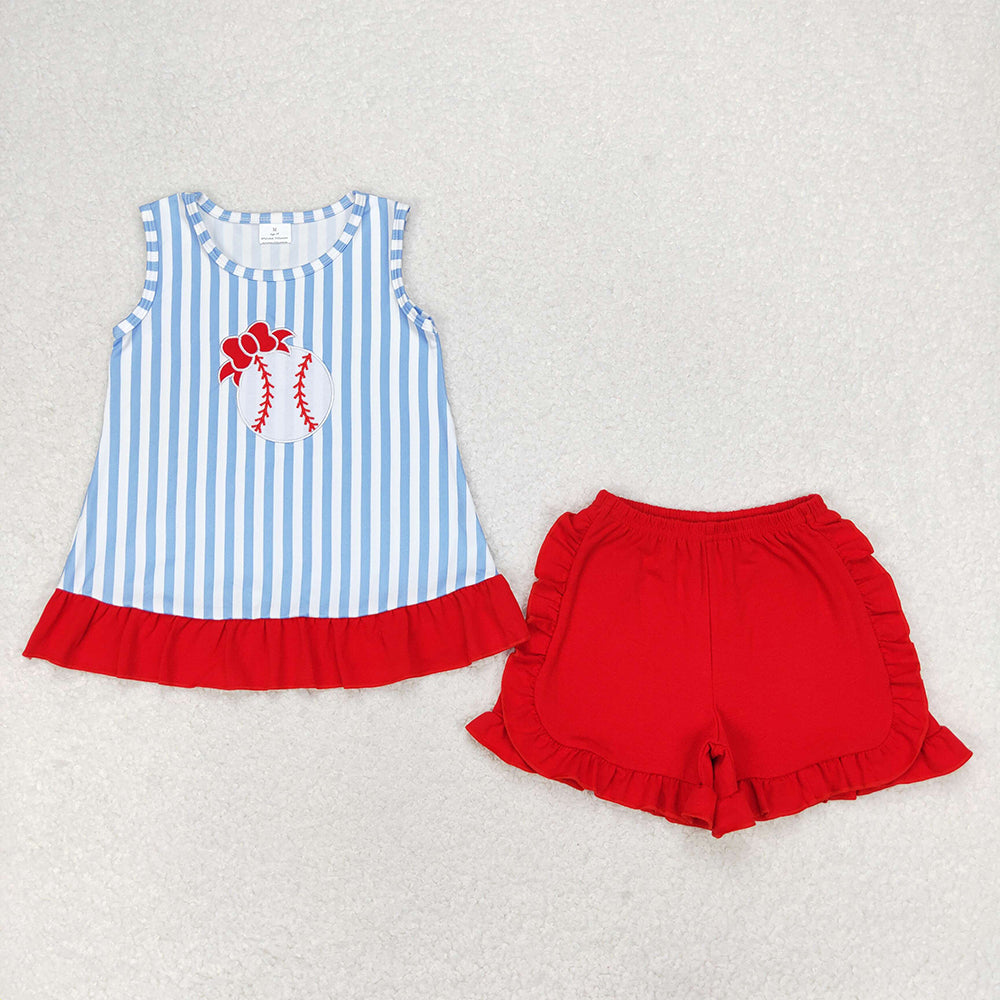 Baby Girls Blue Stripes Baseball Tunic Ruffle Shorts Clothes Sets