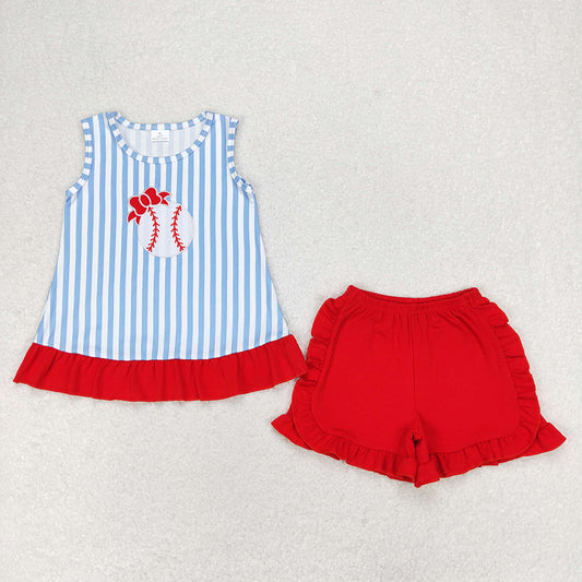 Baby Girls Blue Stripes Baseball Tunic Ruffle Shorts Clothes Sets