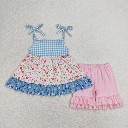 Baby Girls Blue Checkered Floral Halter Tunic Ruffle Shorts Clothes Sets