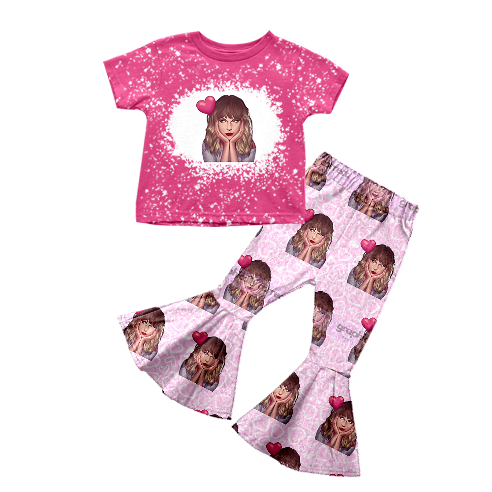 Baby Girls Pink Singer Short Sleeve Tee Top Bell Bottom Pants Clothes Sets preorder(moq 5)