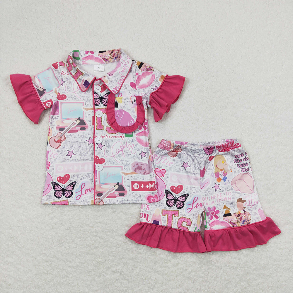 Baby Girls Pop Singer Pink Buttons Shirt Top Ruffle Shorts Pajamas