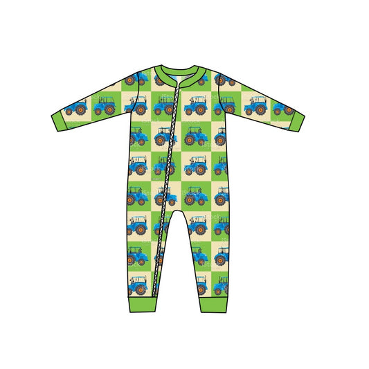 Baby Infant Boys Green Blue Tractor Long Sleeve Zip Rompers preorder(moq 5)