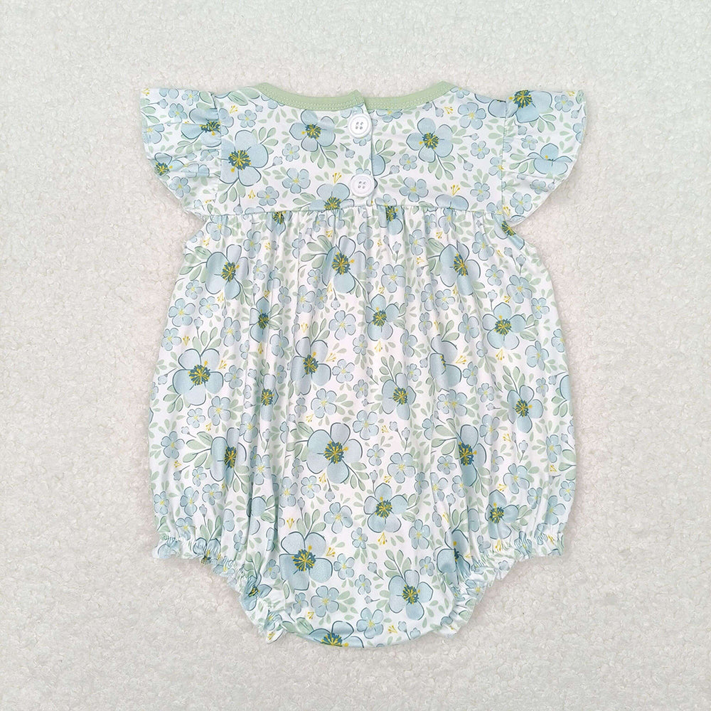 Baby Infant Girls Green Flowers Ruffle Rompers