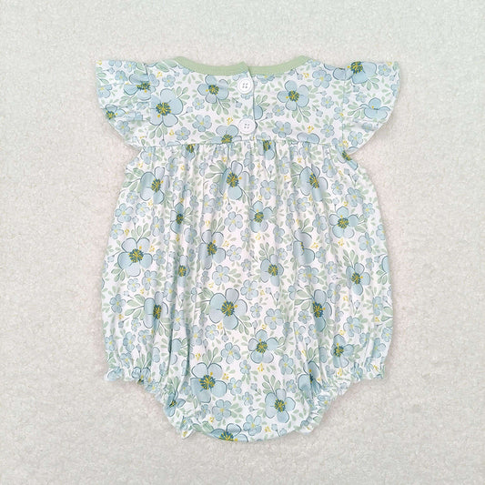 Baby Infant Girls Green Flowers Ruffle Rompers