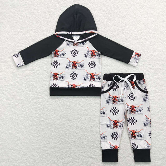 Baby Boys Hooded Western Cows Top Pants Outfits Clothing Sets