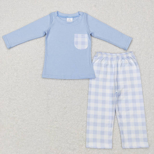 Baby Girls Blue Long Sleeve Tops Checkered Pants Clothing Sets