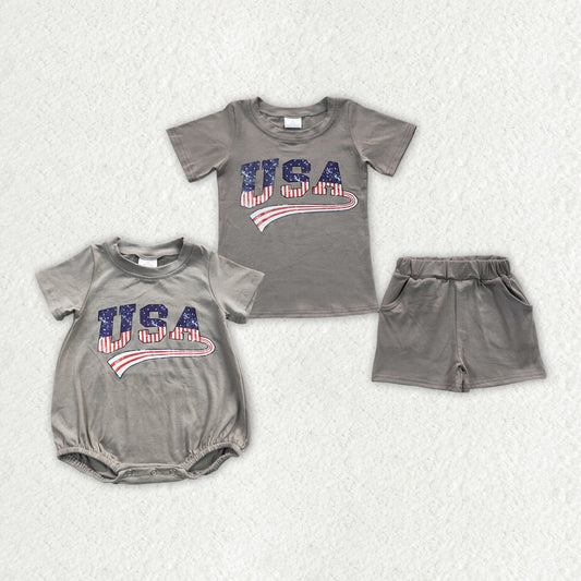 Baby Kids USA 4th of July Grey Sibling Rompers Shorts Sets
