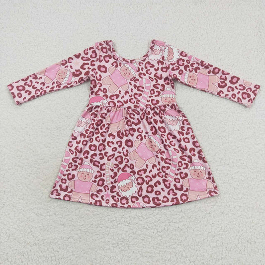 Baby Girls Chrirtmas Pink Leopard Santa Long Sleeve Dresses