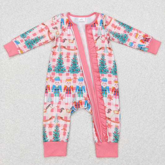 Baby Girls Christmas Pink Horse Ruffle Zip Long Sleeve Rompers