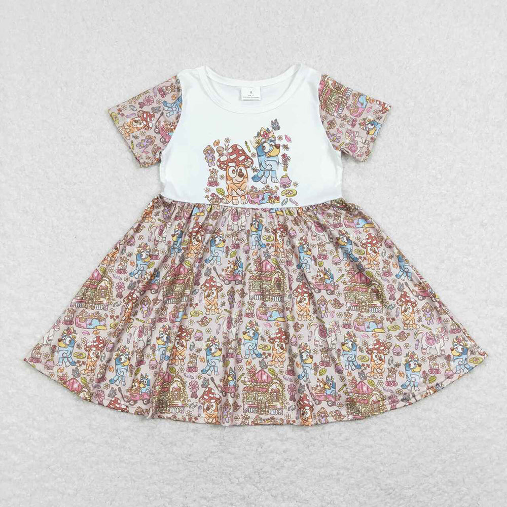 Baby Girls Dogs Flowers Short Sleeve Knee Length Dresses