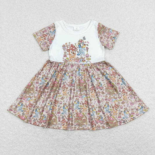 Baby Girls Dogs Flowers Short Sleeve Knee Length Dresses