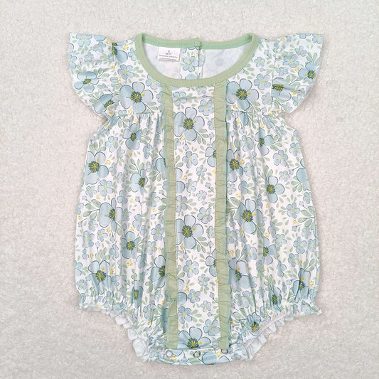 Baby Infant Girls Green Flowers Ruffle Rompers