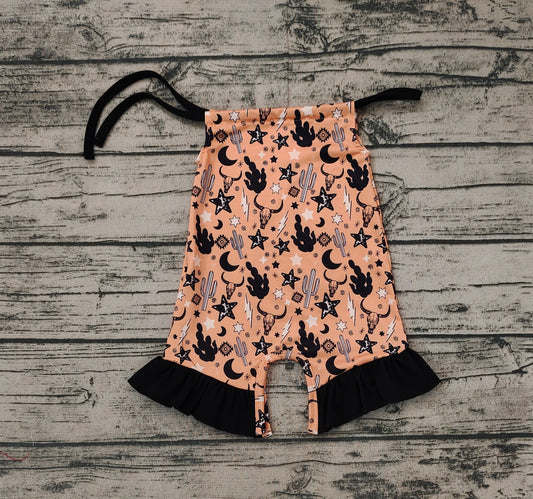 Baby Girls Straps Western Cactus Cows Brown Rompers