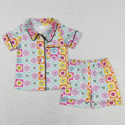 Baby Girls Flower Spring Summer Smile Buttons Shirt Shorts Pajamas Clothes Sets