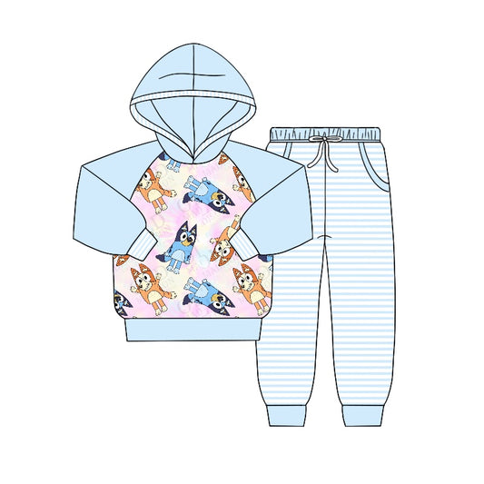Baby Boys Long Sleeve Hooded Dog Shirt Light Blue Stripes Pants Clothing Sets Preorder(moq 5)