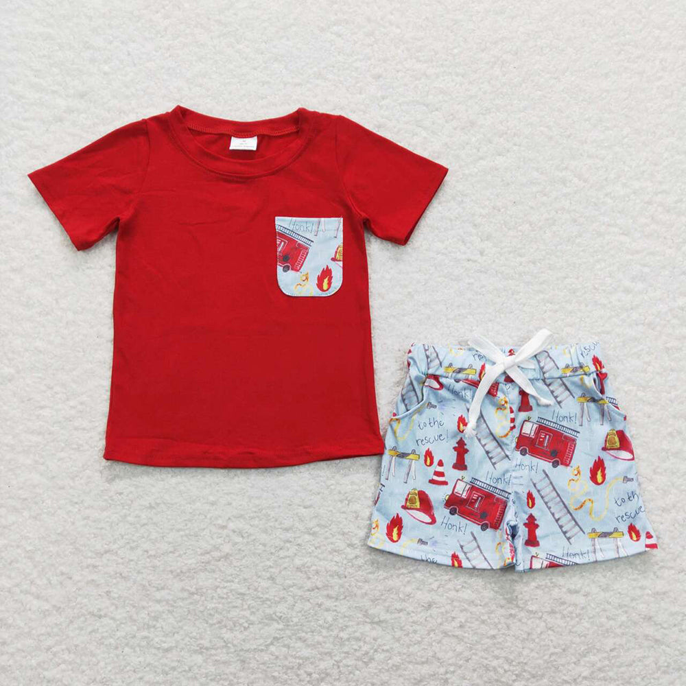 Baby Boys Red Pocket Tee Shirts Fire Truck Shorts Clothes Sets Preorder