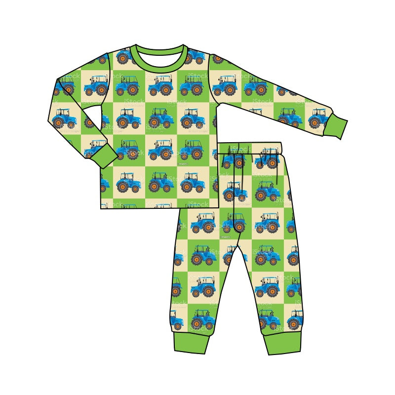 Baby Boys Blue Tractor Long Sleeve Pants Pajamas Clothes Sets preorder(moq 5)