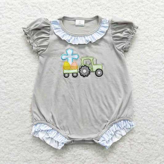 Baby Infant Girls Easter Egges Tractor Short Sleeve Rompers