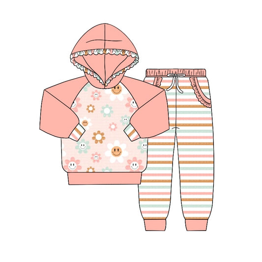 Baby Girls Long Sleeve Hooded Flowers Shirt Pink Stripes Pants Clothing Sets Preorder(moq 5)
