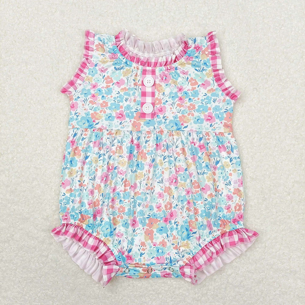 Baby Girls Pink Blue Floral Ruffle Rompers