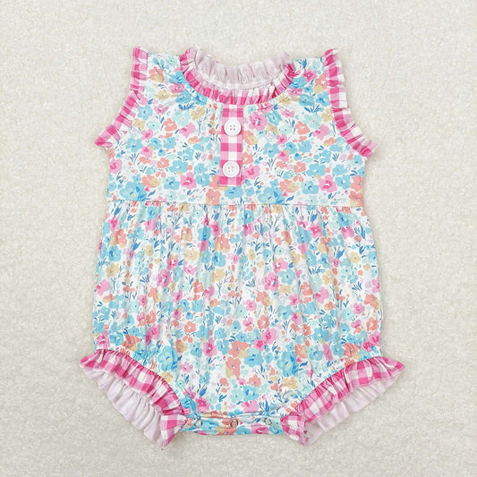 Baby Girls Pink Blue Floral Ruffle Rompers