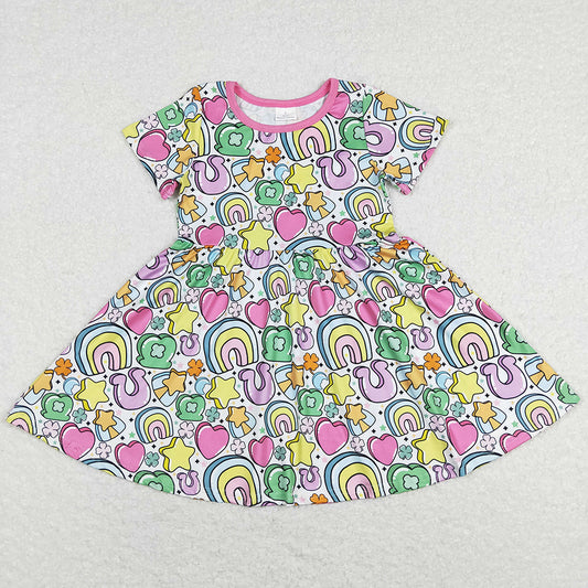 Baby Girls Short Sleeve St Patrick Day Rainbow Knee Length Dresses