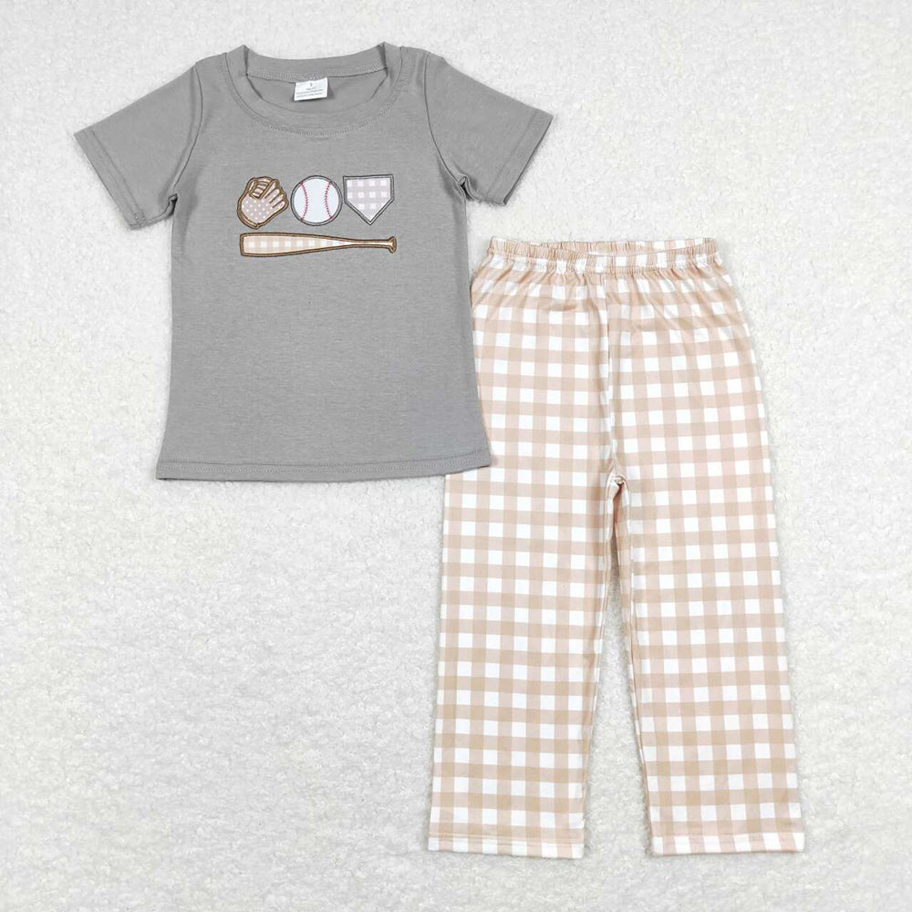 Baby Boys Grey Baseball Shirt Top Checkered Pants Clothing Sets