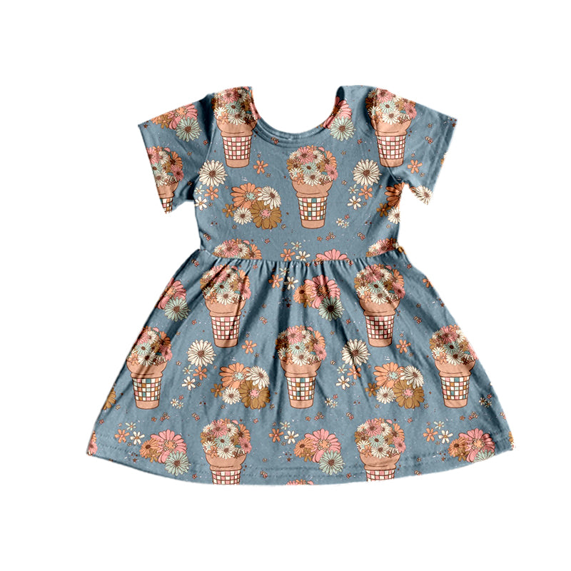 Baby Girls Short Sleeve Navy Flowers Knee Length Dresses Preorder(moq 5)