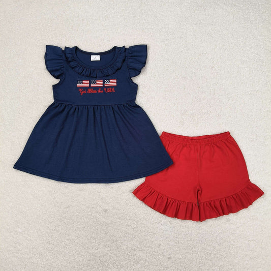 Baby Girls 4Th Of July Flags Tunic Top Ruffle Shorts Clothes Sets