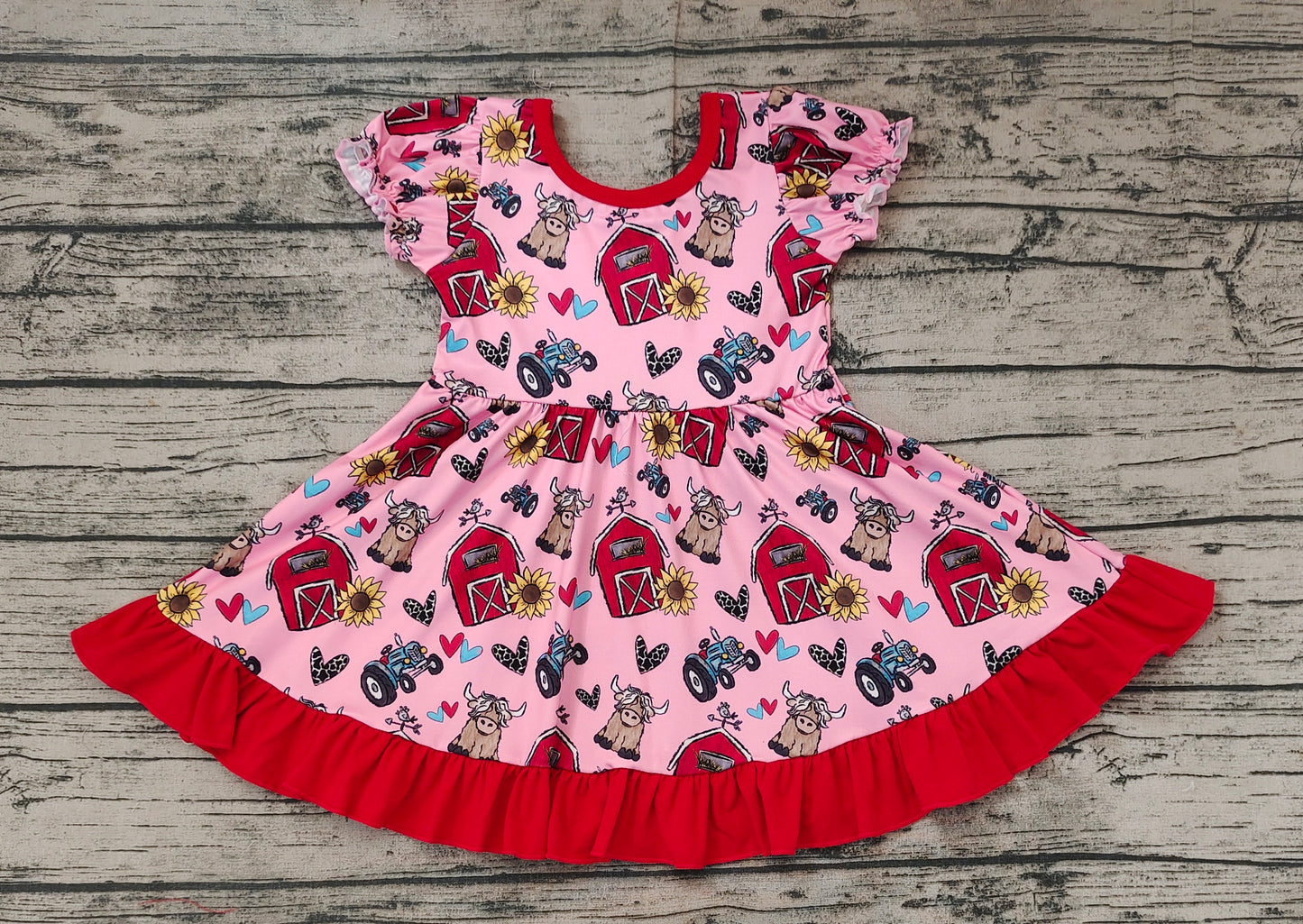 Baby Girls Red Farm House Sunflower Ruffle Knee Length Dresses