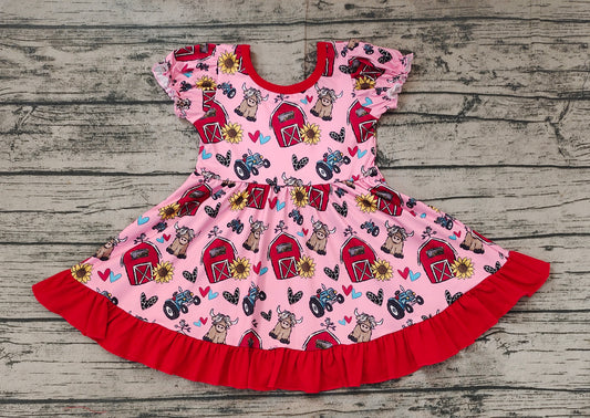 Baby Girls Red Farm House Sunflower Ruffle Knee Length Dresses