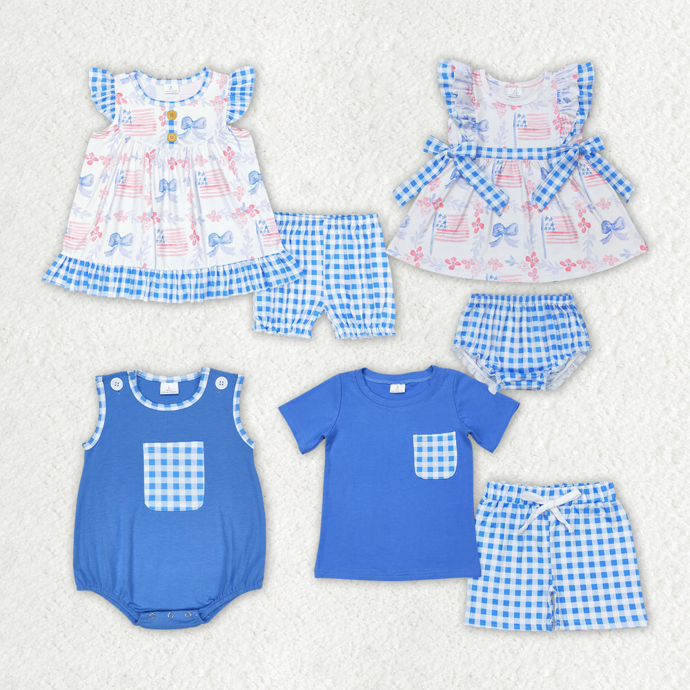 Baby Girls Boys Sibling 4th of July Bows Summer Rompers Clothes Sets