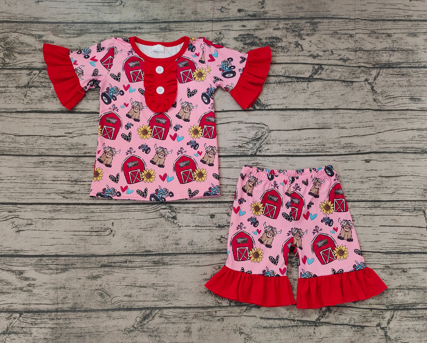 Baby Girls Red Farm Sunflower Shirt Top Ruffle Shorts Pajamas Clothes Sets