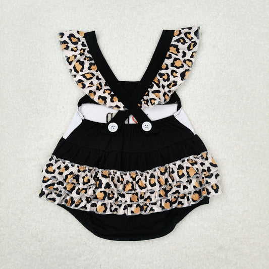 Baby Infant Girls I Love Dad Black Leopard Ruffle Rompers