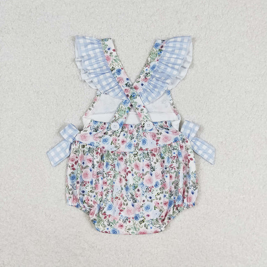 Baby Girls Blue Floral Daddy's Girl Bows Rompers