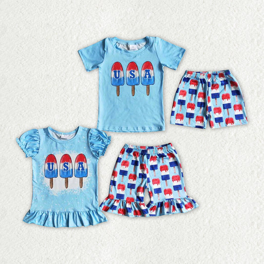 4th of July Baby Girls Boys USA Sibling Popsicle Shorts Clothes Sets