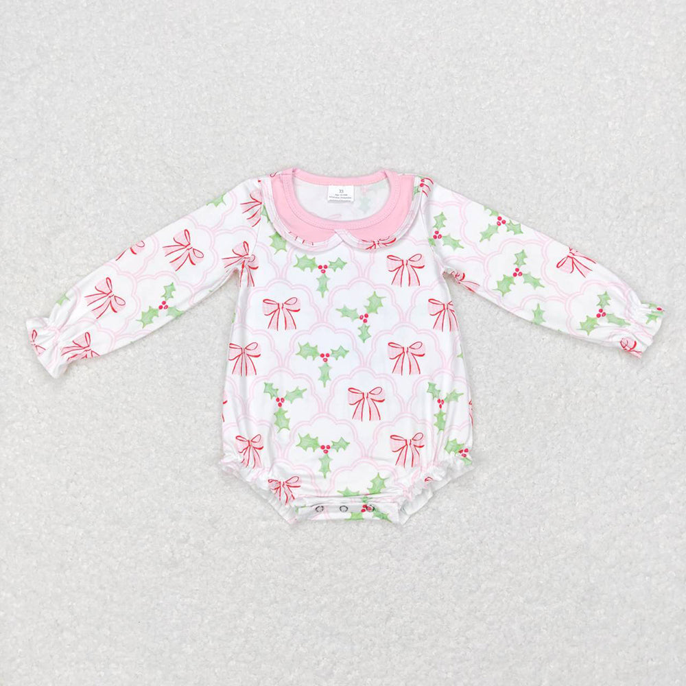 Christmas Baby Girls Pink Bows Long Sleeve Rompers