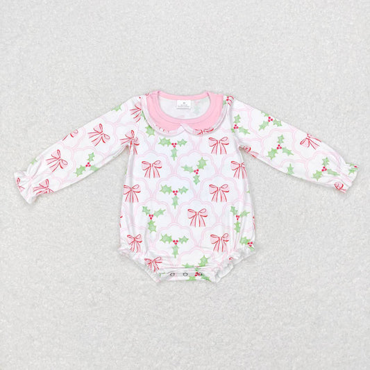 Christmas Baby Girls Pink Bows Long Sleeve Rompers