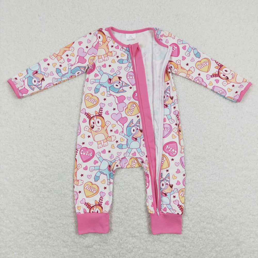 Baby Infant Girls Valentines Dogs Long Sleeve Zip Rompers