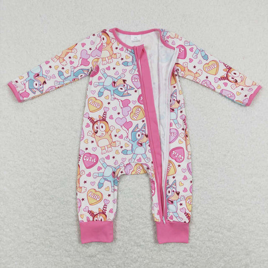 Baby Infant Girls Valentines Dogs Long Sleeve Zip Rompers