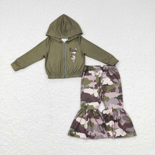 Baby Girls Camo Hunting Deer Hooded Jackets Bell Pants Clothes Sets