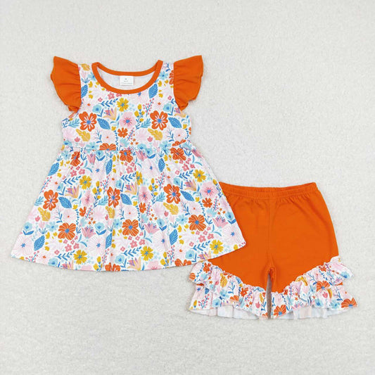 Baby Girls Flutter Sleeve Floral Tunic Top Ruffle Shorts Summer Clothes Sets