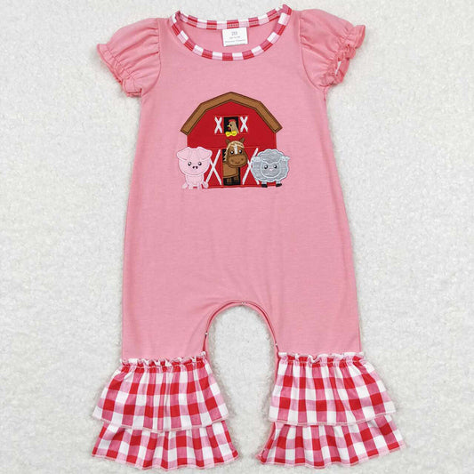 Baby Infant Girls Short Sleeve Farm Pink Ruffle Rompers