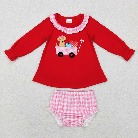 Baby Girls Valentines Dog Tractor Top Bummie Sets