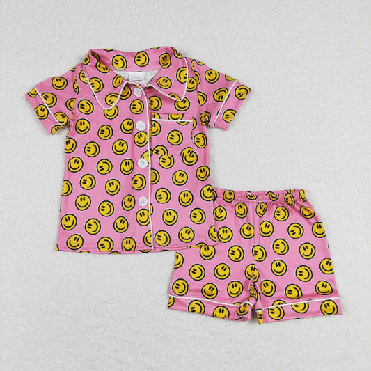 Baby Girls Pink Summer Smile Buttons Shirt Shorts Pajamas Clothes Sets