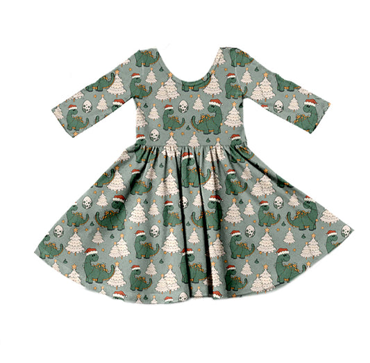 Baby Girls Christmas Tree Dinosaur Long Sleeve Twirl Dresses preorder(moq 5)