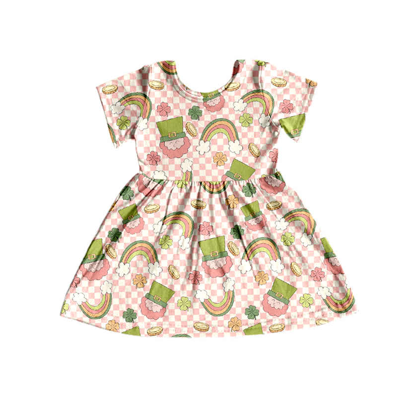 Baby Girls Pink Checkered Quatrefoil Knee Length Dresses Preorder(moq 5)